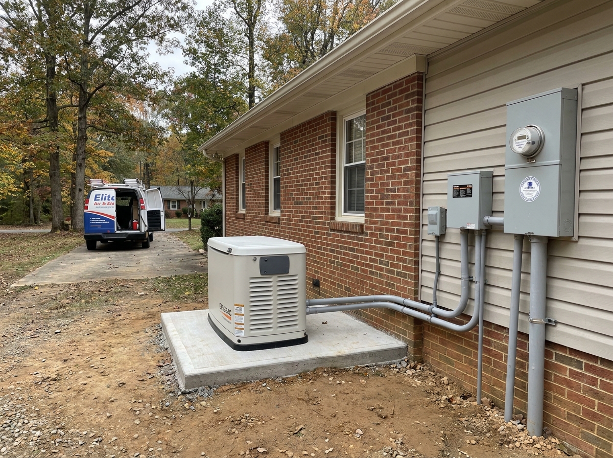 A standby generator installed on a concrete pad beside a brick house, connected by conduit to an electrical meter and panels, with a service van parked in the driveway.
