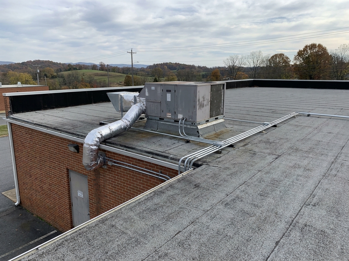 A rooftop HVAC unit with an insulated duct connects to a lower flat roof section on a brick building, with rolling hills visible in the background.