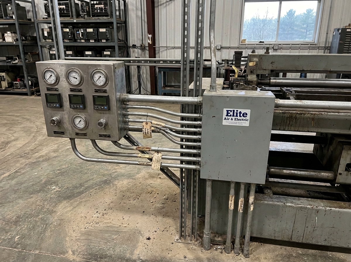 A gauge and instrument control panel with multiple curved metal conduit pipes connects to a gray electrical junction box labeled Elite Air & Electric, mounted on industrial machinery in a workshop.