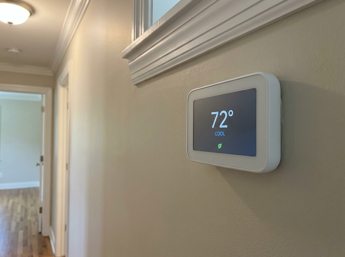 A smart thermostat on a hallway wall displays 72 degrees in cool mode with a small green leaf icon.