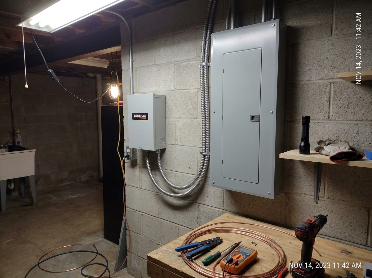 A basement wall with a Generac automatic transfer switch wired via conduit to a gray electrical panel, with a workbench of tools and copper tubing in the foreground.