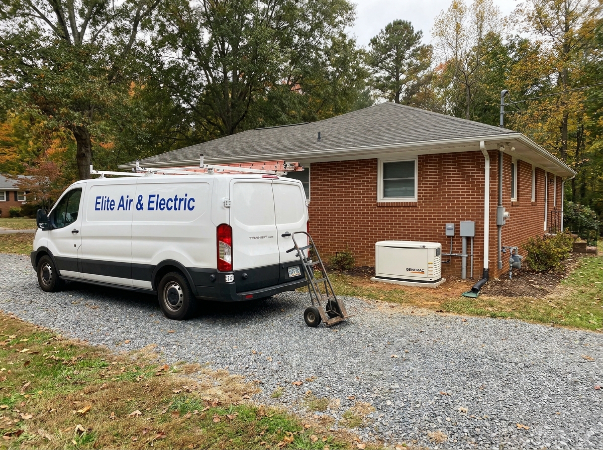A white Elite Air & Electric service van is parked on a gravel driveway beside a brick house with a Generac standby generator installed near the exterior wall.