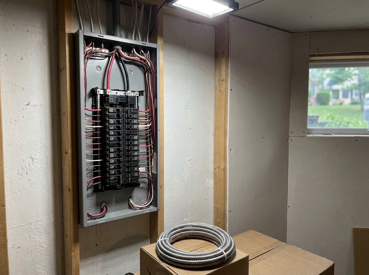 An open electrical panel with rows of circuit breakers and bundled red, black, and white wires mounted between wall studs in an unfinished basement room, with a coil of metal conduit on a cardboard box below.