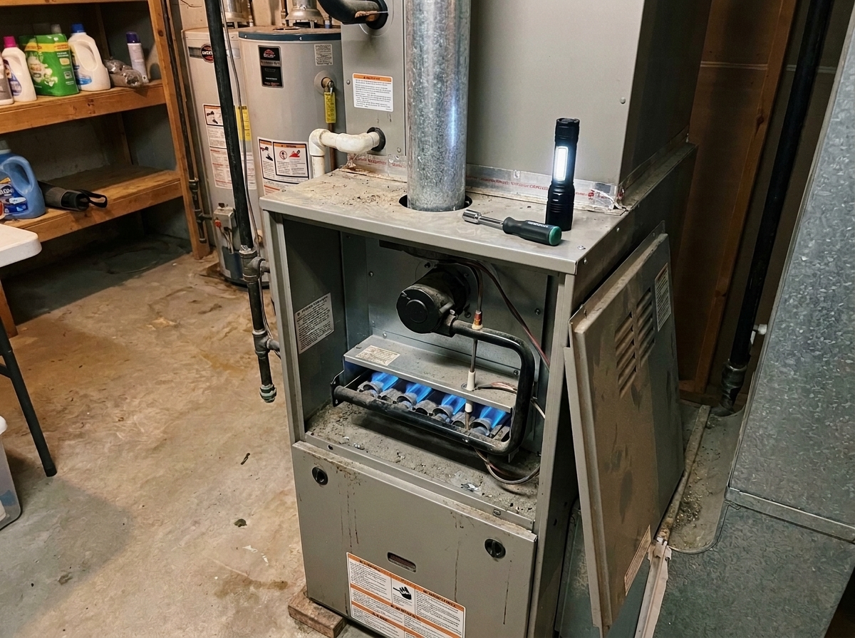 Gas furnace with its front access panel removed, showing lit blue burner flames inside, with a flashlight and screwdriver resting on top near the exhaust flue, in a basement next to a water heater and wooden storage shelves.
