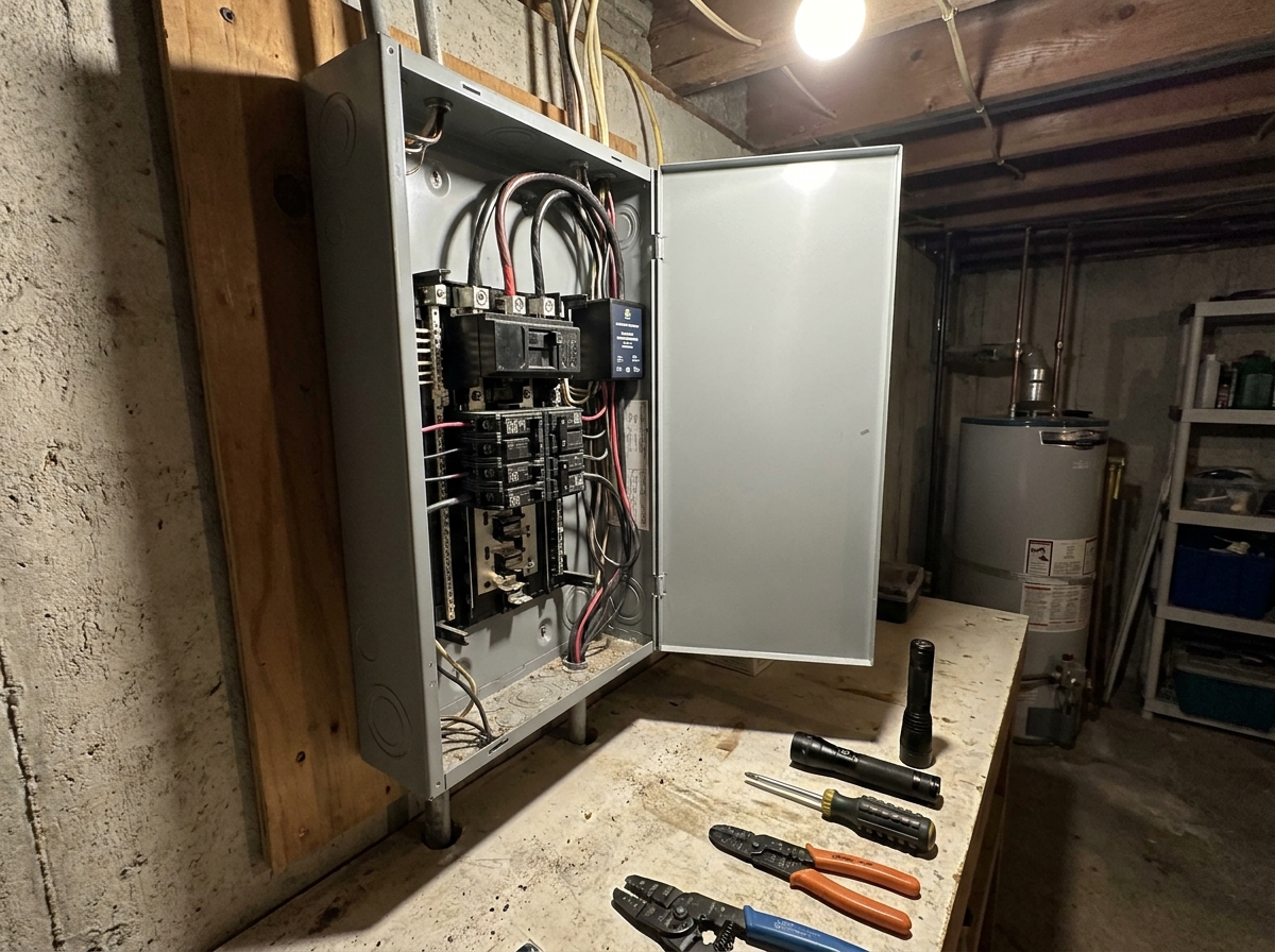 An open electrical panel mounted on a basement wall with visible breakers and wiring, next to a workbench holding flashlights, screwdrivers, and pliers.