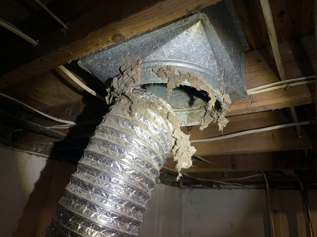 A flexible metal dryer vent duct connects to a rigid metal duct in a ceiling, with thick clumps of lint clogging the connection point.