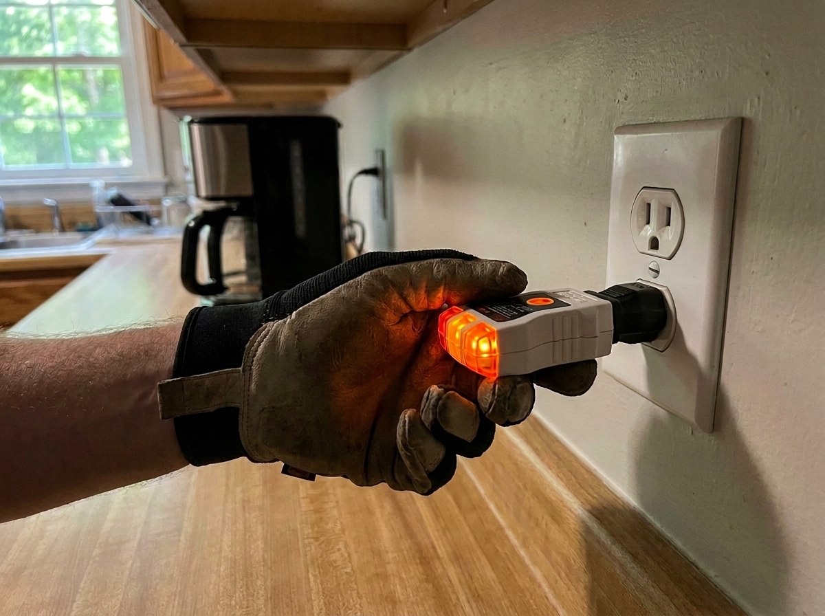 A gloved hand holds an electrical outlet tester with a glowing orange light plugged into a wall outlet in a kitchen.