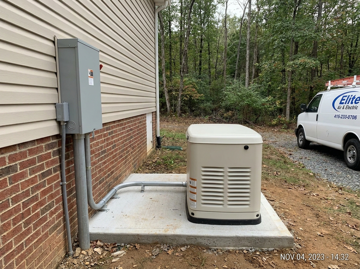 A standby home generator installed on a concrete pad next to a brick house, connected by conduit to an electrical transfer switch mounted on the wall.