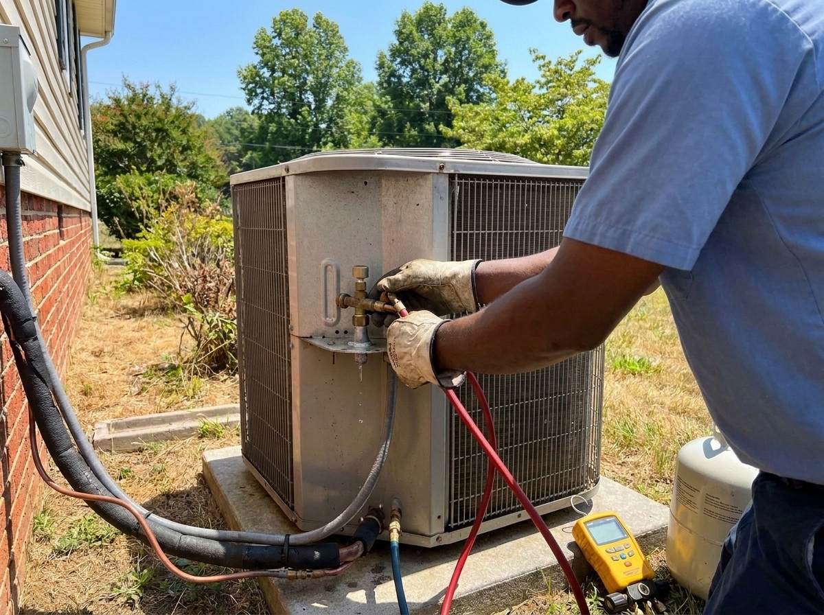 A technician wearing work gloves attaches gauge hoses to the service valves of an outdoor air conditioning condenser unit.