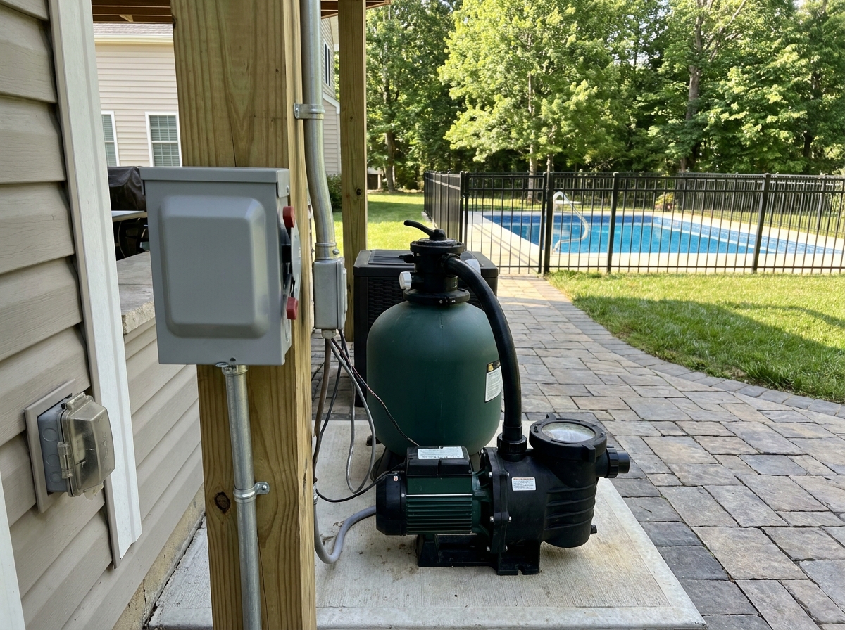 A pool pump and sand filter system sits on a concrete pad beside an electrical disconnect box, with a fenced in-ground pool visible in the background.
