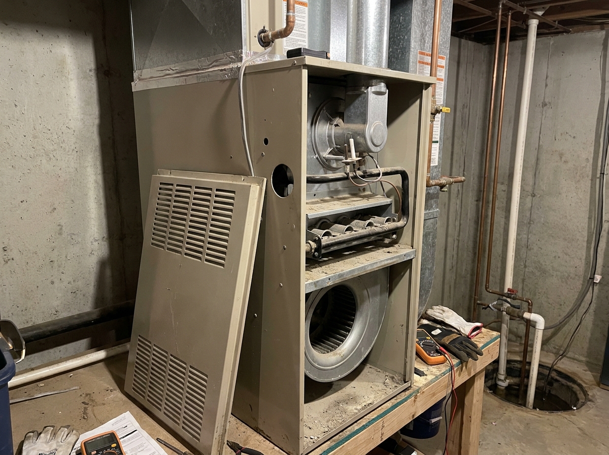 A residential gas furnace with its front access panel removed, exposing the blower motor, burner assembly, and blower wheel, sitting on a wooden platform in a basement mechanical room.