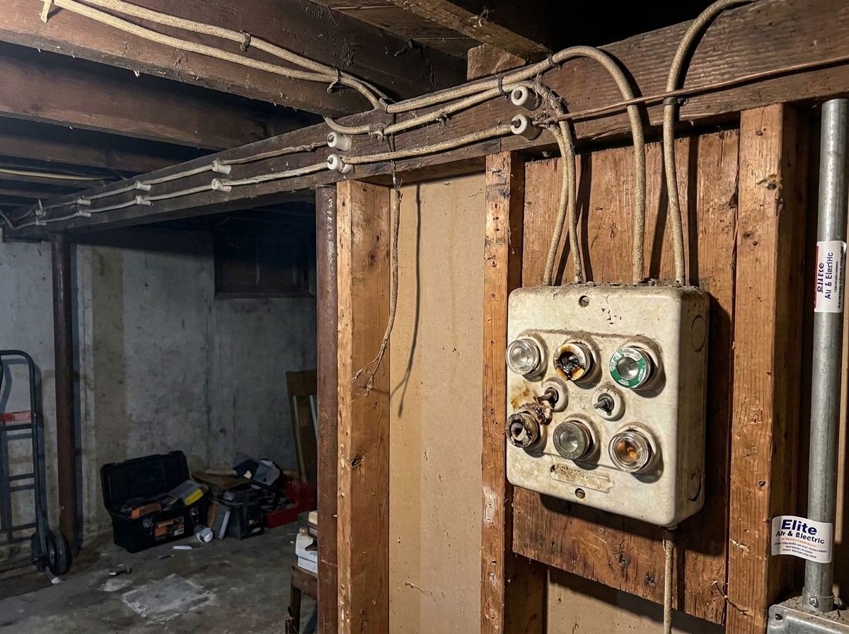 An old fuse box with several screw-in fuses, some scorched and corroded, mounted on a wooden stud with knob-and-tube wiring running along the ceiling joists of an unfinished basement.