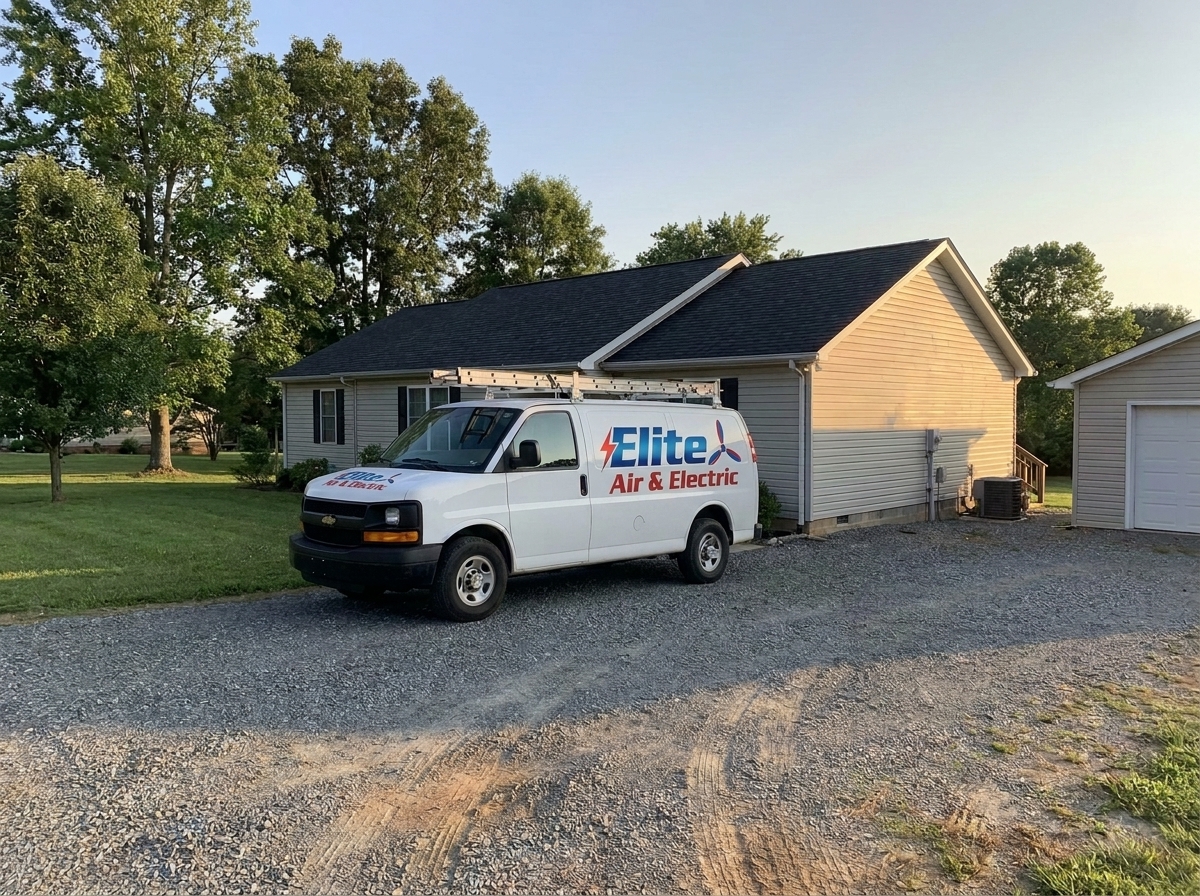 A white Elite Air & Electric service van with a roof ladder rack parked on a gravel driveway in front of a single-story house with gray siding and a dark shingle roof.