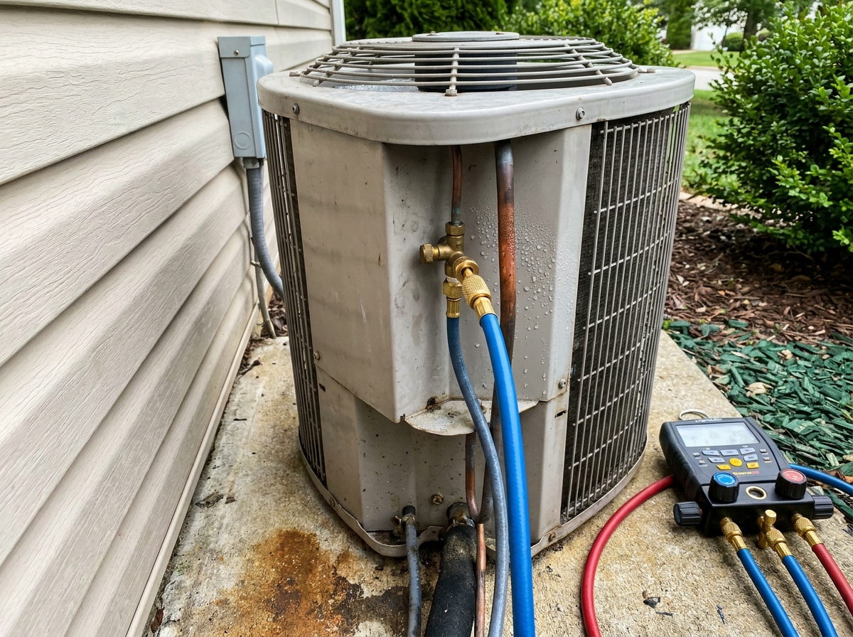 An outdoor air conditioning condenser unit sits on a concrete pad next to a house, with blue and red hoses connected from a digital gauge manifold to the unit's copper lines.