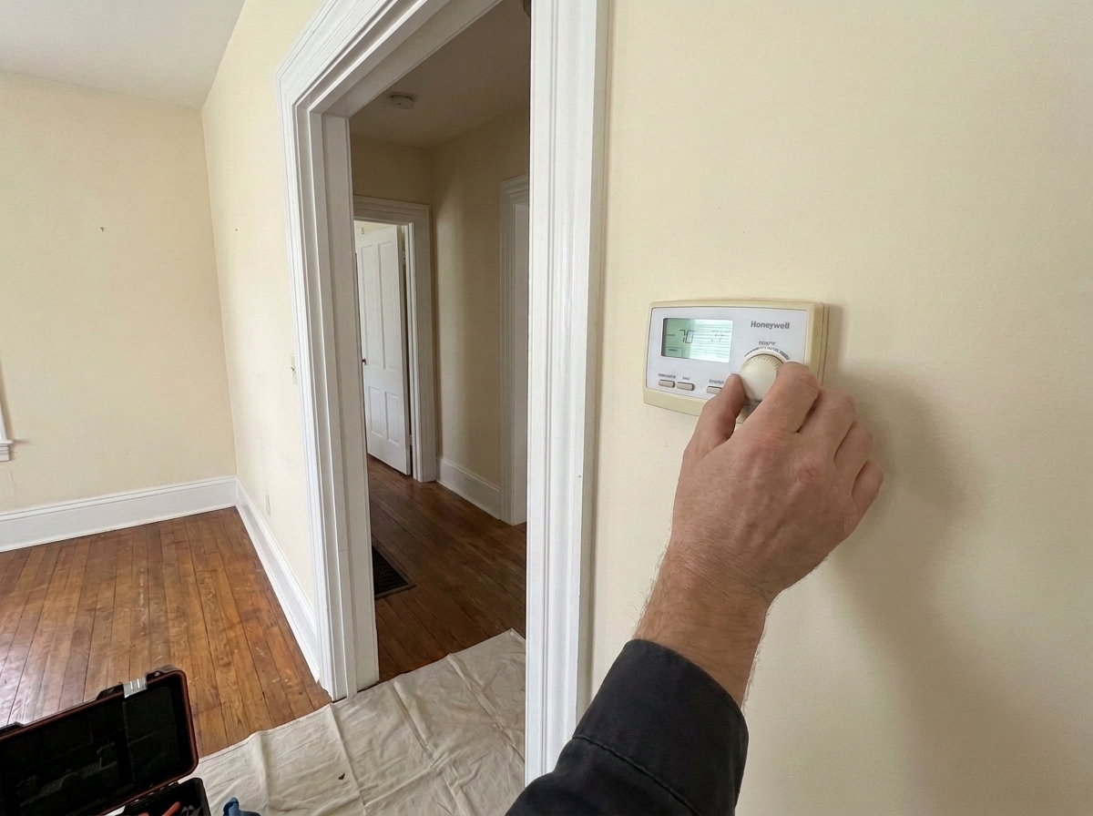 A hand adjusts the dial on a Honeywell thermostat mounted on a wall near a doorway.