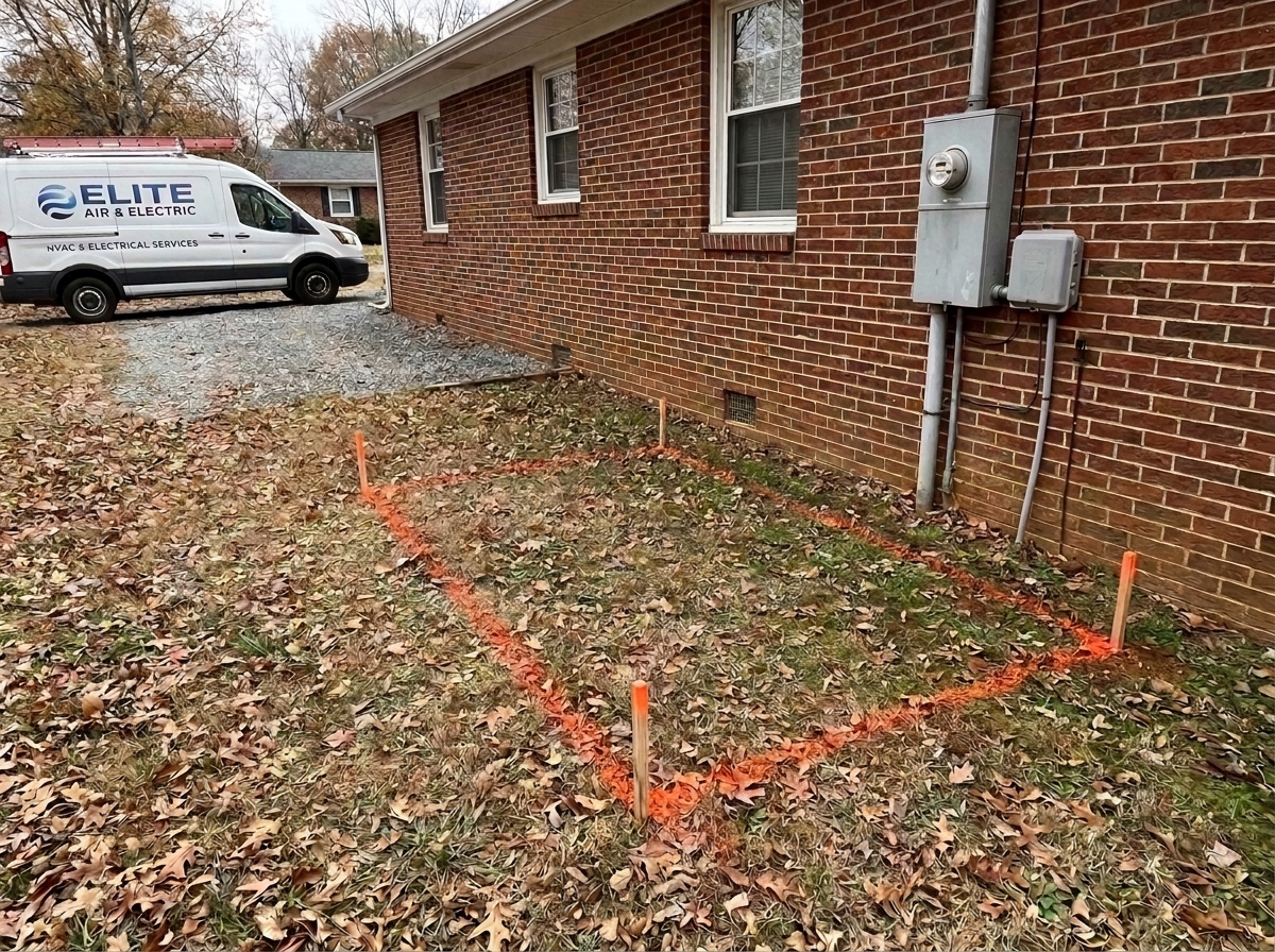 A rectangular area of lawn marked with orange spray paint and wooden stakes near the brick exterior of a house with an electrical meter and panel, with an Elite Air & Electric van parked in the driveway behind it.