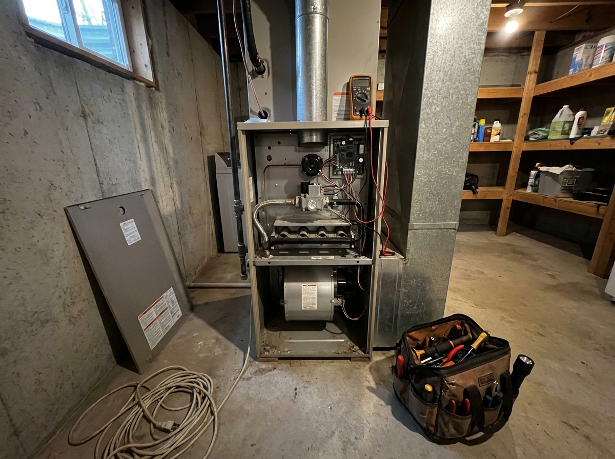 An open gas furnace cabinet in a basement, exposed with wiring, a control board, and a multimeter clipped to it, with its access panel leaning against the wall and a tool bag on the floor nearby.