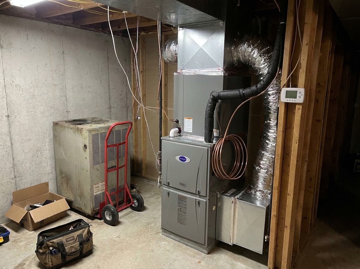A newly installed furnace with copper refrigerant lines and insulated ductwork stands next to an old, rusted unit on a hand truck in an unfinished basement.