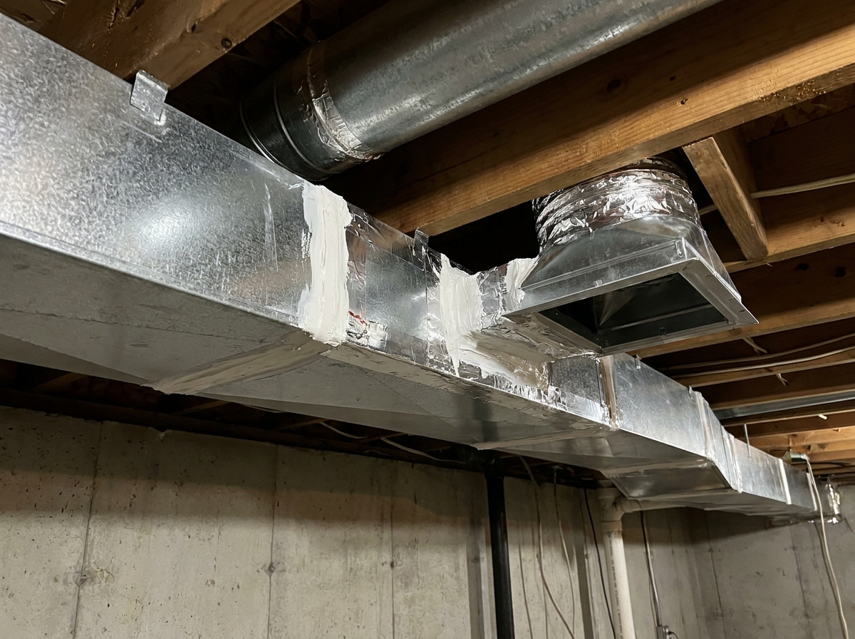 A rectangular metal ductwork system runs beneath wooden ceiling joists in a basement, with white mastic sealant applied over seams and a round branch takeoff connecting to a square boot.