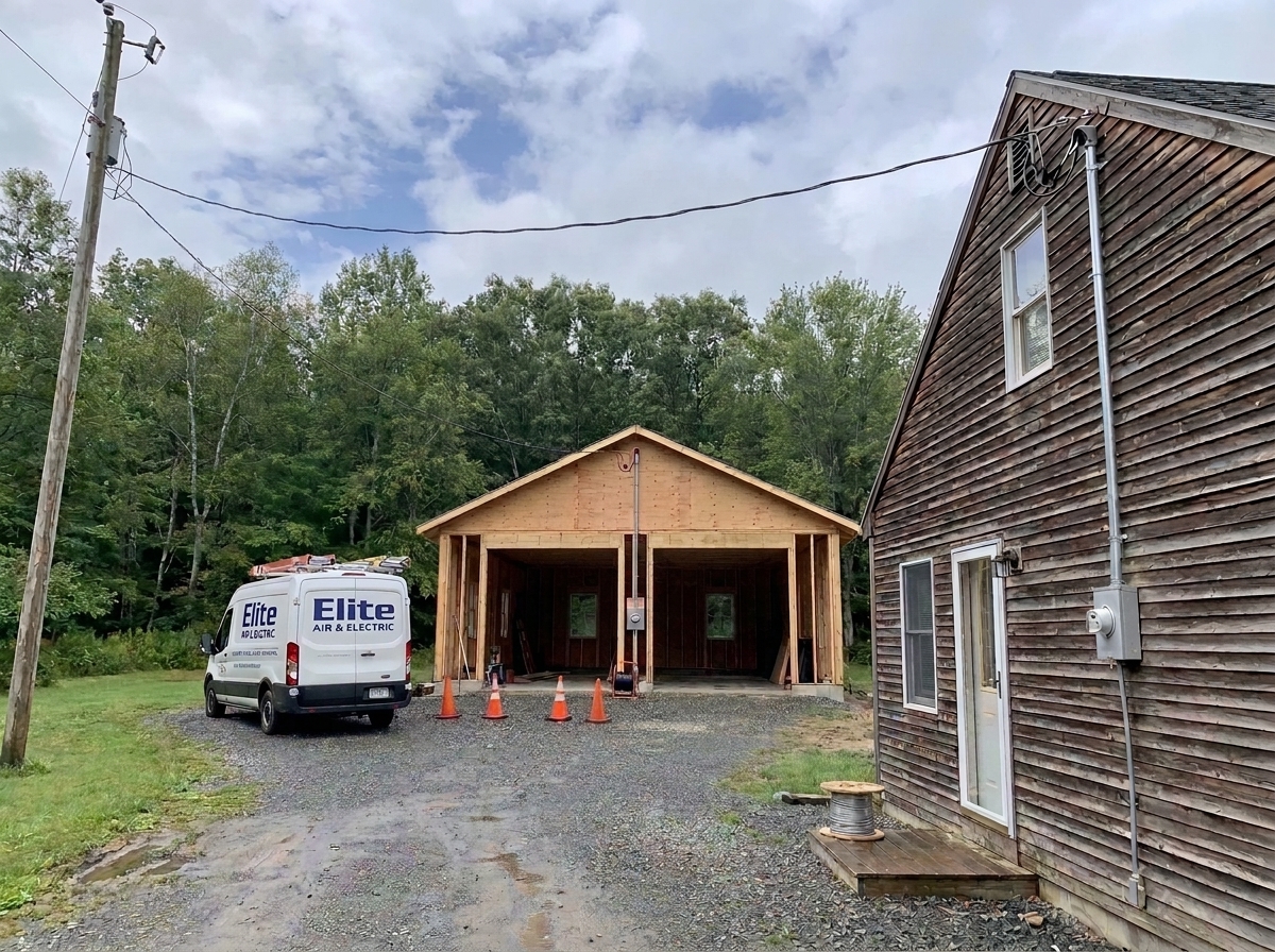 A white Elite Air & Electric van is parked on a gravel driveway in front of a newly framed garage structure beside an older wood-sided house.