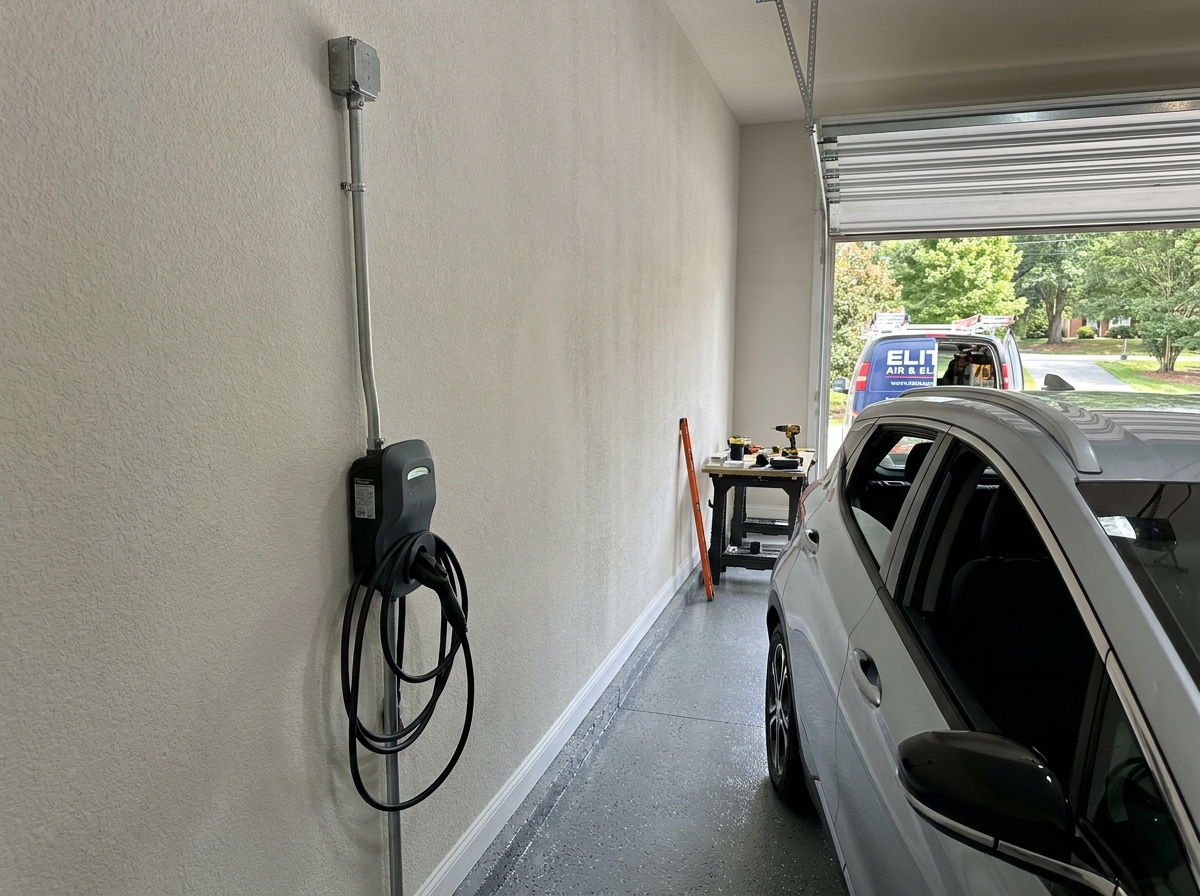 A wall-mounted electric vehicle charger with coiled cable installed in a garage, with a white car parked nearby and the garage door open to the driveway.